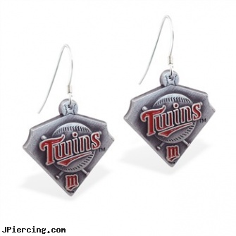 Mspiercing Sterling Silver Earrings With Official Licensed Pewter MLB Charms, Minnesota Twins, sterling silver navel ring, sterling silver jewellry, sterling cock ring, silver nipple rings, silver nose rings