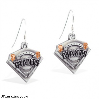 Mspiercing Sterling Silver Earrings With Official Licensed Pewter MLB Charms, San Francisco Giants, disney charms sterling silver, cheerleader belly rings titanium or sterling silver, sterling silver jewellry, silver nipple ring, starter earrings for piercings