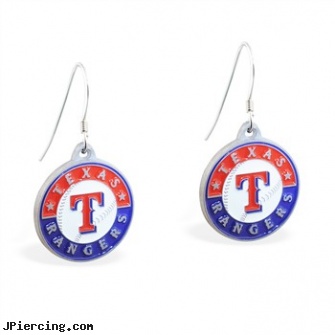 Mspiercing Sterling Silver Earrings With Official Licensed Pewter MLB Charms, Texas Rangers, sterling cock ring, sterling silver starter studs, sterling silver jewellry, silver nipple ring, silver cock rings