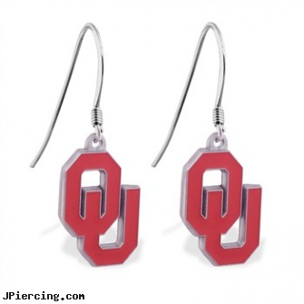 Mspiercing Sterling Silver Earrings With Official Licensed Pewter NCAA Charm, Oklahoma University Sooners, sterling cock ring, sterling navel ring, sterling silver nipple rings, adjustable silver cock ring, silver navel ring