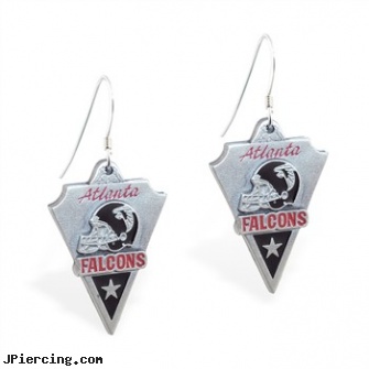 Mspiercing Sterling Silver Earrings With Official Licensed Pewter NFL Charm, Atlanta Falcons, sterling navel ring, cheerleader belly rings titanium or sterling silver, sterling silver navel jewelry, silver nipple rings, silver jewelry