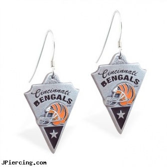 Mspiercing Sterling Silver Earrings With Official Licensed Pewter NFL Charm, Cincinnati Bengals, sterling navel ring, sterling silver starter studs, sterling silver naval rings, silver nipple ring, silver nipple rings