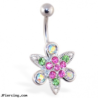 Multi-color flower and leaf belly ring, multiple ear piercings, horizontal belly jewelry multiple piercing, multiple labia piercing, flesh colored nose ring, flesh colored tongue ring