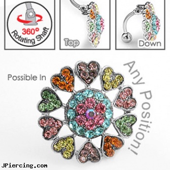 Multi-color multi-gem heart burst flower reversed hinged navel ring, multile ear piercing, multiple piercing navel rings, multiple body piercings and hiring, colored heavy gauge tongue barbells, flesh colored nose ring