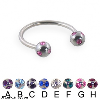 multi gem ball circular barbell, 16 ga, multiple piercing navel rings, multiple ear piercing, multiple ear piercings, replacement ball for eyebrow ring, beach ball barbell and eyebrow piercing