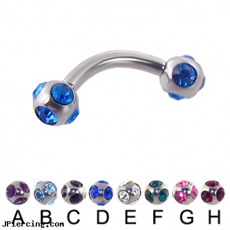 multi gem ball curved barbell, 12 ga, horizontal belly jewelry multiple piercing, steel earrings multiple ear piercings, horizontal belly ring multiple, navel rings football, photo ball jewelry