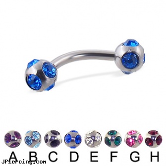 multi gem ball curved barbell, 14 ga, multile ear piercing, multiple labia piercing, steel earrings multiple ear piercings, flashing labret ball, ball