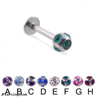 multi gem ball labret, 14 ga, navel jewelry multiple piercing, steel earrings multiple ear piercings, multiple body piercings and hiring, ball and cock ring, body jewelry replacement balls