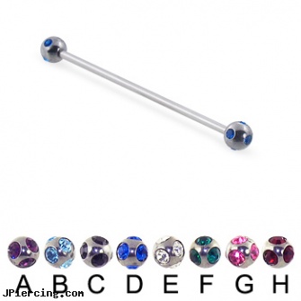 Multi Gem Ball Long Barbell (Industrial Barbell), 16 Ga, ear piercing double multiple, multiple ear piercing tattoo very short hair, multiple facial piercing pictures, small balled labret, captive ring balls