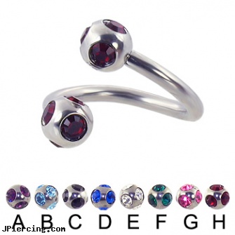 multi gem ball spiral barbell, 12 ga, multiple labia piercing, ear piercing double multiple, horizontal belly ring multiple, ball, cock and ball piercing