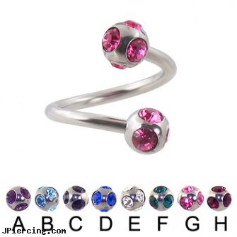 multi gem ball spiral barbell, 14 ga, multiple ear piercing tattoo very short hair, multiple ear piercings, steel earrings multiple ear piercings, captive ring balls, belly ring balls