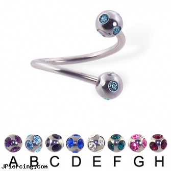 multi gem ball spiral barbell, 16 ga, multile ear piercing, steel earrings multiple ear piercings, multiple labia piercing, clit hood barbells balls, ball