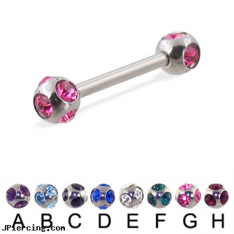 multi gem ball straight barbell, 14 ga, ear piercing double multiple, multiple labia piercing, multile ear piercing, ball rings, ball