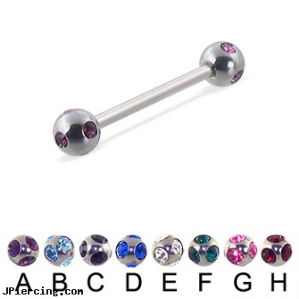 multi gem ball straight barbell, 16 ga, horizontal belly ring multiple, horizontal belly jewelry multiple piercing, steel earrings multiple ear piercings, cock and ball testicle piercing torture, 14k ball closure ring