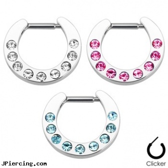 Multi Gem Paved Surgical Steel Septum Clicker, multiple ear piercing tattoo very short hair, multiple body piercings, multiple piercing spiral earrings, surgical stainless steel navel jewelry, surgical steel flat disc nose stud