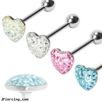 Multi-gemmed epoxy dome heart tongue ring, 14 ga, multiple facial piercing pictures, multiple ear piercing tattoo very short hair, multile ear piercing, infected pain abdomen belly button piercing, sacred heart tatoo and body piercings
