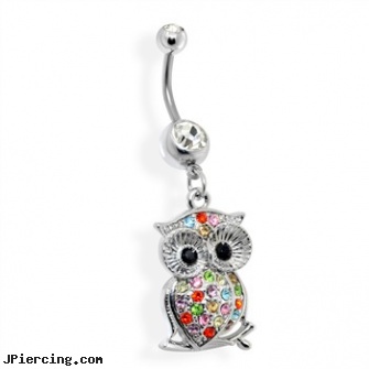 Multicolored Jeweled Owl Belly Ring, jeweled labrets, 18g jeweled labrets, jeweled navel slave rings, flashing belly rings, playboy belly rings