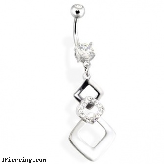 Navel Ring with Abstract Square Dangle, navel percing, information on navel peircing, spiral navel ring, curved earrings screw balls, nose ring danger