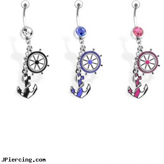 Navel Ring with Black   Anchor And Wheel, 14Ga, jeweled navel slave rings, navel piercing jewelry, cost of navel piercing, cock ball ring, discount cock rings