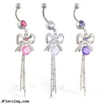 Navel ring with bow and chains dangle, strawberry shortcake belly ring navel, peircing navel, discount navel belly button rings, dangle belly button rings, clit ring vibrator