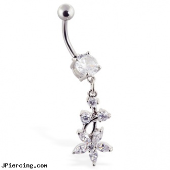 Navel ring with clear jeweled dangle and flower, navel piercings, navel piercing infected, dragon navel rings, nose rings vancouver, silver nipple ring