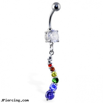 Navel ring with curved rainbow jeweled dangle, prism navel ring, white gold navel ring, cost of navel piercing, star nose ring, viborating tongue ring