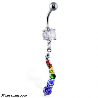 Navel ring with curved rainbow jeweled dangle, prism navel ring, white gold navel ring, cost of navel piercing, star nose ring, viborating tongue ring