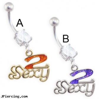 Navel Ring with Dangling \"2 Sexy\", 14kt gold navel jewelry, navel rings pisces, prices navel piercings, gold tongue rings, oral sex better with tongue ring