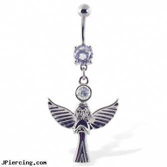 Navel Ring with Dangling Angel, navel piercing ideas for free, changing navel ring, non-piercing navel rings, gold playboy bunny belly button rings, lip rings jewllery