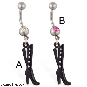 Navel ring with dangling black boot, platinum navel jewelry, navel jewelry surgical stainless steal internal thread, dangers of navel piercings, washington redskins belly ring, seamless lip rings