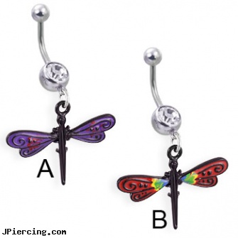 Navel ring with dangling black dragonfly, gold navel ring, dragon navel rings, cincinnati navel piercing, long belly botton rings, clit rings porn star