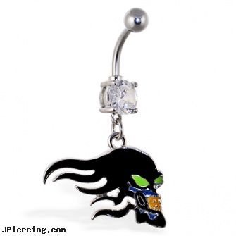 Navel ring with dangling black flaming skull, novilty navel jewelry, cons to navel piercings, navel piercing pregnancy, maura nipple ring, christina aguilera nipple ring magazine