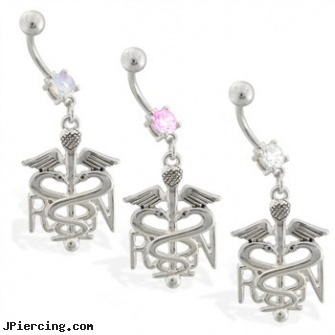 Navel ring with dangling caduceus charm, pisces navel rings, navel piercing healing, infected navel piercing, wholesale belly ring, mood ring