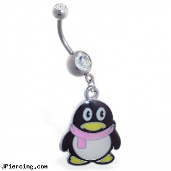 Navel ring with dangling cartoon penguin, reversed celtic navel ring, cute navel ring, navel piercing red bumps, history of nose rings, titanium or stainless steel belly button rings
