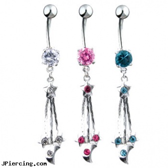 Navel ring with dangling chains stars and moons, navel rings and gauge sizes, patrick from spongebob navel rings, 6mm navel ring, dangling body jewelry, dangling belly rings
