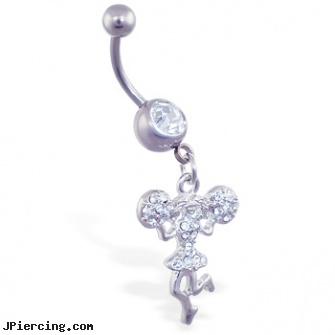 Navel ring with dangling cheerleader girl, navel piercing pic, sparkley navel jewelry, palm tree navel rings, unique belly rings, gold nipple rings