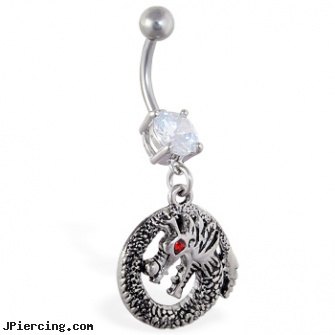 Navel ring with dangling circle dragon with red gem eye, navel piercing experiences, hand made navel rings, male navel piercings, star belly button rings, cheap nipple rings