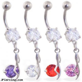 Navel ring with dangling colored solitaire gem, navel piercing information, elvis navel barbell, navel rings wholesale, 14k gold belly ring, sex toys cock rings