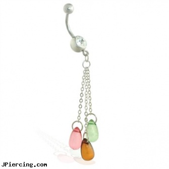 Navel ring with dangling colored stones on chains, disney belly ring navel, wholesale navel rings, titanium navel rings, christina aguillera nipple ring, dangling eyebrow jewery