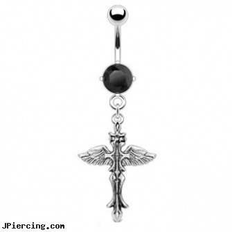 Navel ring with dangling cross with wings, free navel rings no credit cards neeeded, navel rings and gauge sizes, navel piercing articles, pumped nipple rings, sport tongue rings