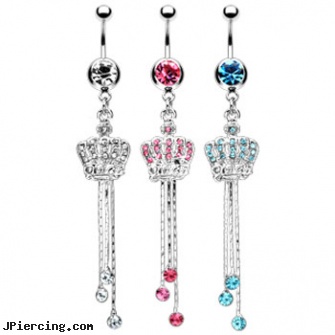 Navel ring with dangling crown and chains, peircing navel, witchcraft navel jewelry, 16 gauge navel ring, mulitple body piercings and hiring, gay pride nipple rings