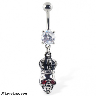 Navel ring with dangling crowned skull, navel piercing rejecting, popular navel jewelry, navel pierced jewelry, white pride tongue ring, tongue ring blowjob