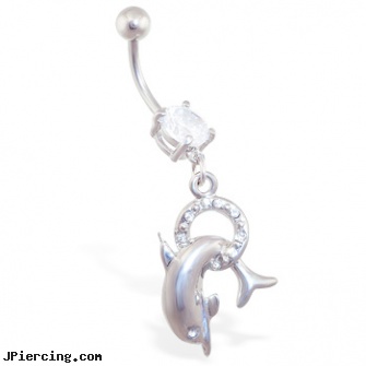 Navel ring with dangling dolphin and hoop, real diamond navel rings, navel shields, navel ring and pregnancy, belly button and tongue rings, dangling nipple jewelry stars