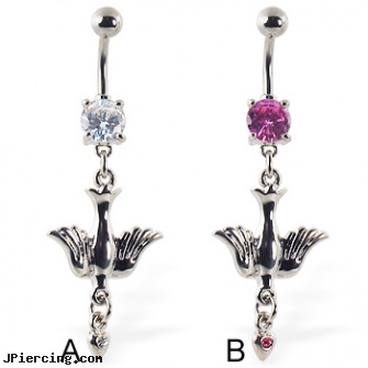 Navel ring with dangling dove with jeweled heart, free navel jewelry, skull navel ring, navel ring and pregnancy, playboy eyebrow rings, scorpion belly button ring
