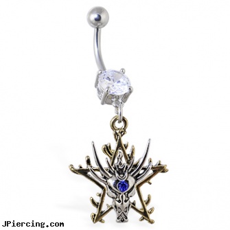 Navel ring with dangling dragon head with gold colored star, how to navel piercing, navel piercings, picture of navel piercings, amythest belly button ring, grateful dead belly ring
