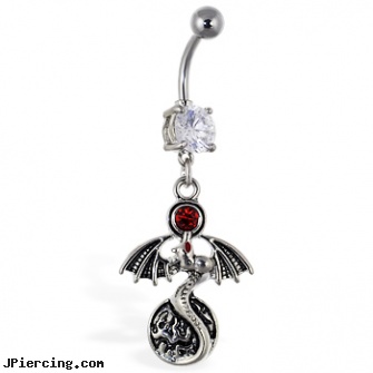 Navel ring with dangling dragon with red gem and circle, dangling navel jewelry, black onyx navel ring, elvis navel barbell, how to take out an eyebrow ring, 14k ball closure ring