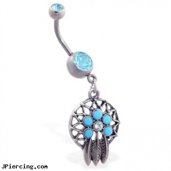 Navel ring with dangling dream catcher and feathers, history of navel piercing, navel piercing pregnancy, platinum navel jewelry, use cock ring, fake lip ring
