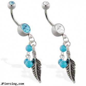 Navel ring with dangling feather and turquoise colored balls, navel piercing prices, navel piercing tool, novilty navel jewelry, nipple ring male slave, pink panther belly rings