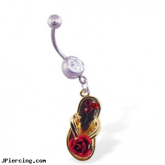 Navel ring with dangling flipflop with rose and gems, navel jewelry gold, double navel peircing picture, longhorn navel ring, ring tongue, amythest belly button ring