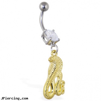 Navel ring with dangling gold color cobra, reverse loop navel rings, jeweled navel slave rings, strawberry shortcake belly ring navel, buy nipple rings, titanium belly rings